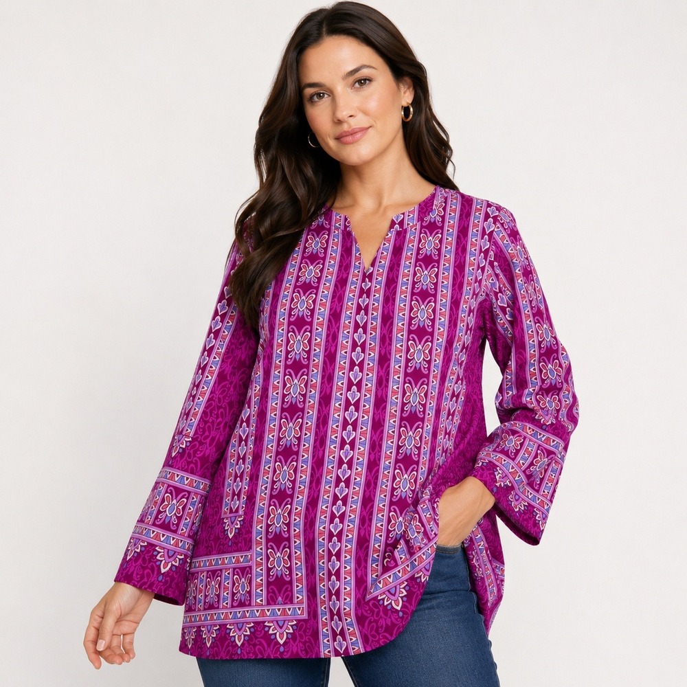 Bob Mackie Wearable Art Purple Butterfly Print Split Neck Tunic Top Medium NWT